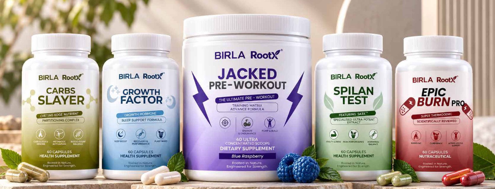 Carbs Slayer, Growth Factor, Jacked Pre-Workout, Spilan Test and Epic Burn Pro by Birla RootX